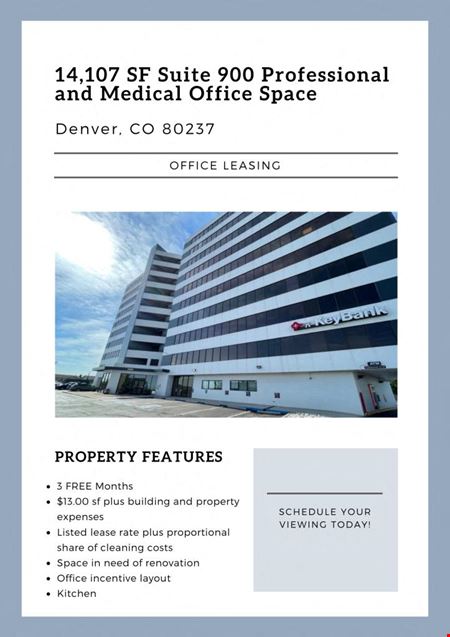 A look at 14,107 SF Suite 910 Professional and Medical Office Space in Denver, CO 80237 (3 MONTHS FREE RENT) commercial space in Denver