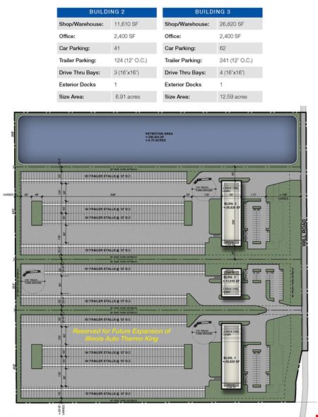 A look at 40-acre BTS site for sale or lease | Building 2 – 11,610 SF on 6.91 Acres | Building 3 – 26,820 SF on 12.59 Acres Industrial space for Rent in Braidwood